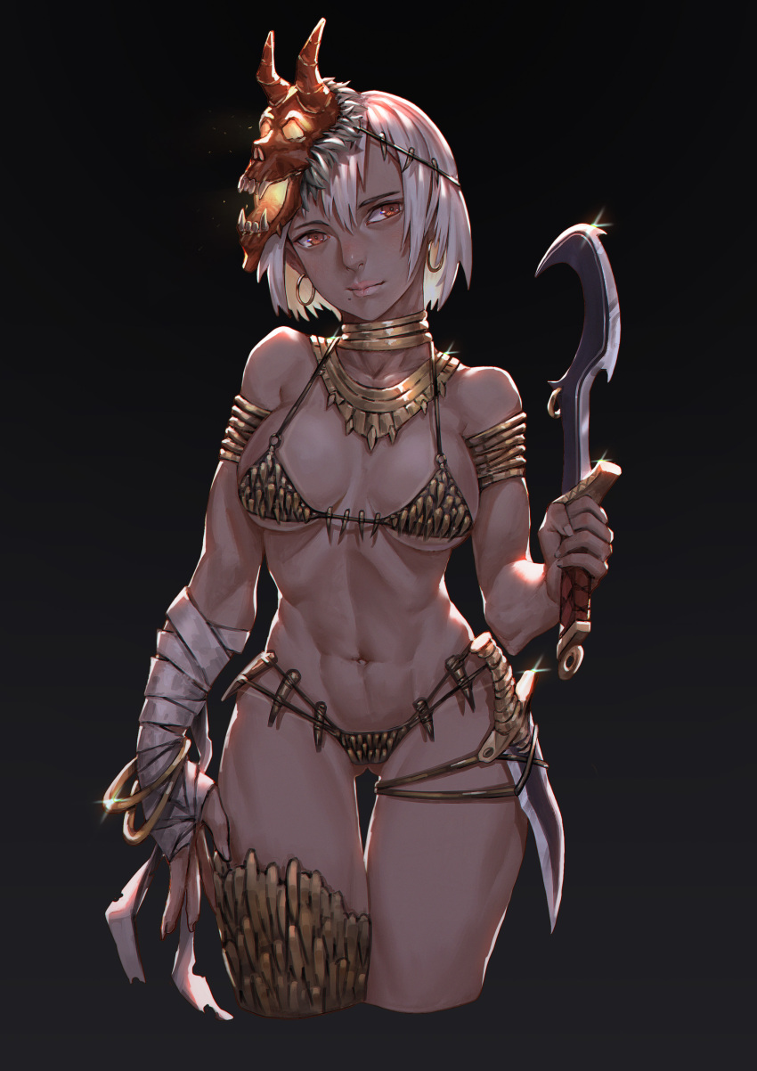 1girl abs absurdres arm_at_side arm_wrap armlet ass_visible_through_thighs bangle bare_shoulders bracelet brown_eyes cowboy_shot dark_skin earrings gold_bikini highres holding holding_knife holding_weapon jewelry knife looking_at_viewer mask mask_on_head midriff mole mole_under_mouth navel neck_ring original short_hair single_thighhigh snow7a solo standing thigh-highs thigh_gap weapon white_hair