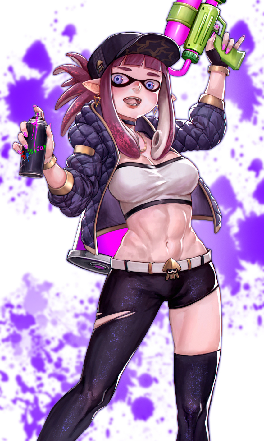 1girl :d abs absurdres asymmetrical_legwear bangs baseball_cap belt belt_buckle black_hat black_jacket black_legwear black_shorts blunt_bangs bracelet breasts buckle choker cleavage copyright_name goggles hand_up hat hat_ornament highres inkling jacket jewelry k/da_(league_of_legends) k/da_akali league_of_legends looking_at_viewer medium_breasts midriff nail_polish navel necklace open_mouth paint_splatter pink_nails shorts simple_background smile snow7a solo splatoon_(series) spray_can standing tentacle_hair thigh-highs violet_eyes water_gun