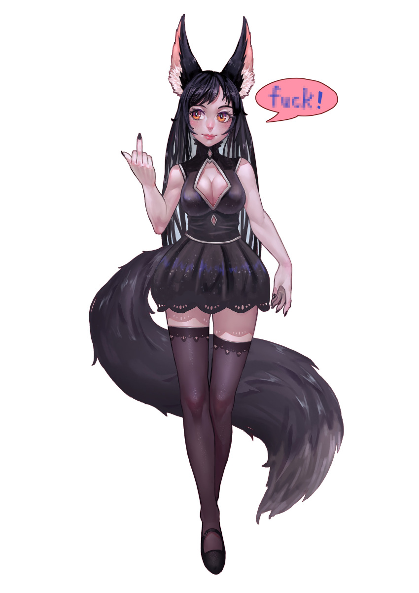 1girl absurdres animal_ears black_dress black_footwear black_hair black_legwear black_nails blush breasts brown_eyes cleavage_cutout dress english fox_tail full_body hand_up highres lipstick long_hair looking_at_viewer looking_back makeup medium_breasts middle_finger monster_girl nail_polish original simple_background snow7a solo speech_bubble standing tail thigh-highs very_long_hair white_background