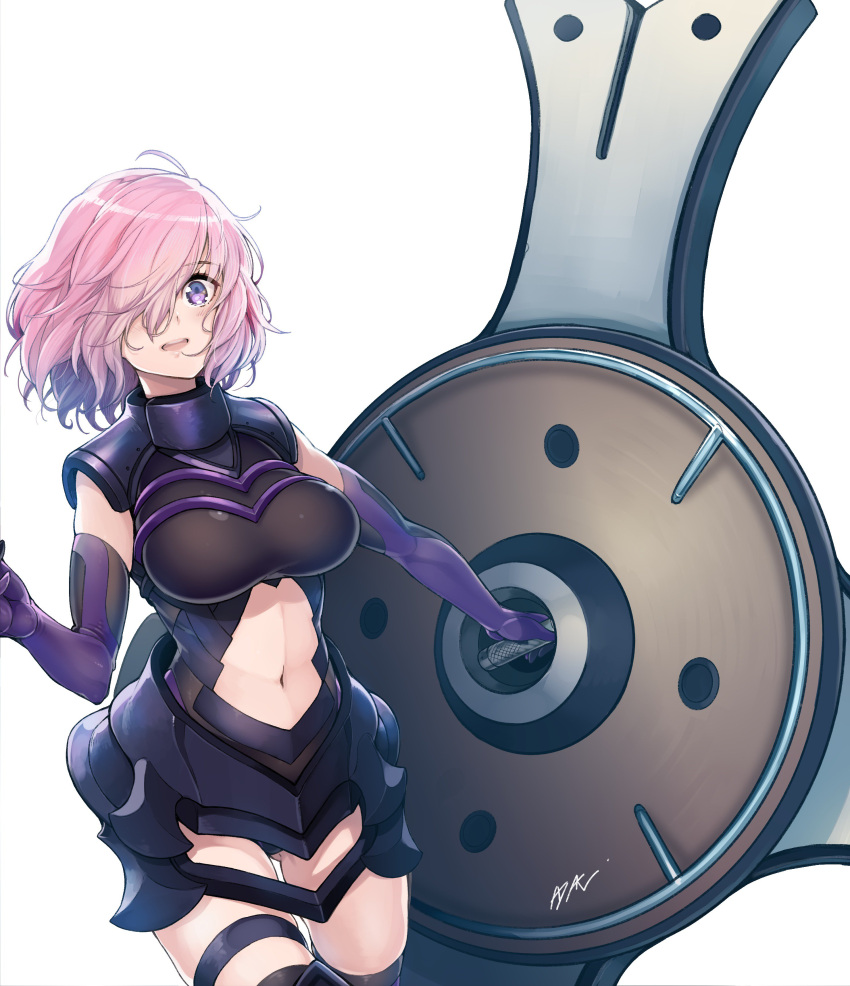 1girl absurdres armored_leotard ayaki black_legwear black_leotard breasts cowboy_shot elbow_gloves fate/grand_order fate_(series) floating_hair gloves hair_over_one_eye highres holding_shield large_breasts leotard mash_kyrielight midriff navel navel_cutout open_mouth pink_hair purple_gloves shield short_hair shoulder_armor solo standing stomach thigh-highs thigh_strap violet_eyes
