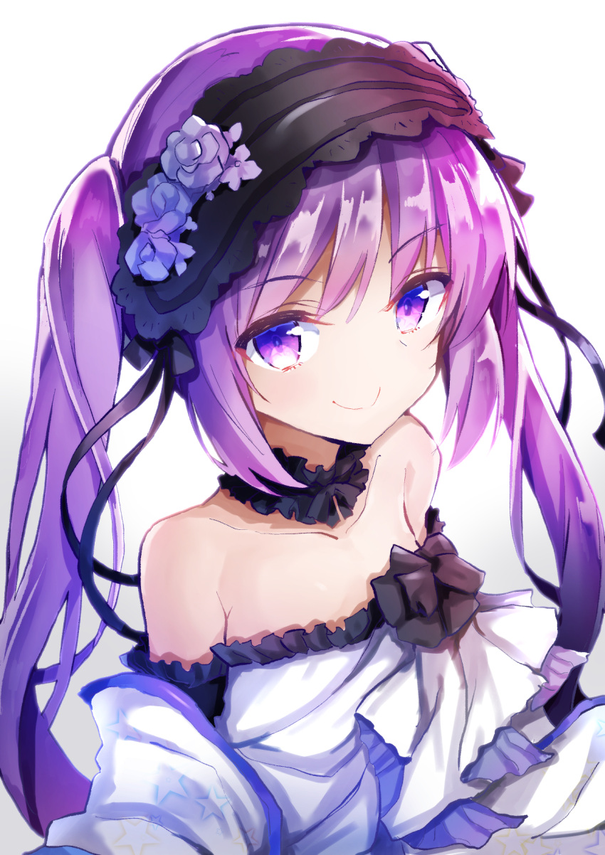 1girl bangs bare_shoulders black_hairband closed_mouth commentary_request dress euryale eyebrows_visible_through_hair fate/hollow_ataraxia fate_(series) flower gradient gradient_background grey_background hair_between_eyes hairband highres long_hair looking_at_viewer nanakusa_amane purple_hair rose sidelocks smile solo star strapless strapless_dress twintails upper_body very_long_hair violet_eyes white_background white_dress white_flower white_rose