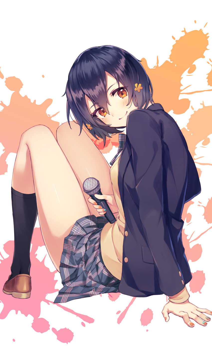 1girl absurdres aqua_nails arm_support bangs black_hair black_jacket black_legwear black_neckwear blazer blush bow bowtie breasts brown_footwear buttons closed_mouth commentary_request grey_skirt hair_between_eyes hair_ornament head_tilt highres jacket kneehighs knees_up kotoribako loafers long_sleeves looking_at_viewer looking_back medium_breasts miniskirt mizuno_ai multicolored multicolored_nails nail_polish open_clothes open_jacket orange_eyes orange_nails paint_splatter plaid plaid_neckwear plaid_skirt pleated_skirt school_uniform shoes short_hair sitting skirt smile solo sweater thighs white_background wing_collar yellow_sweater zombie_land_saga