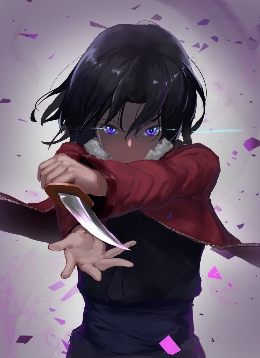 1girl absurdres black_hair black_kimono blue_eyes hair_between_eyes highres holding holding_knife jacket japanese_clothes kara_no_kyoukai kimono knife long_sleeves looking_at_viewer open_clothes open_jacket outstretched_arms red_jacket ryougi_shiki short_hair solo upper_body yu-hi