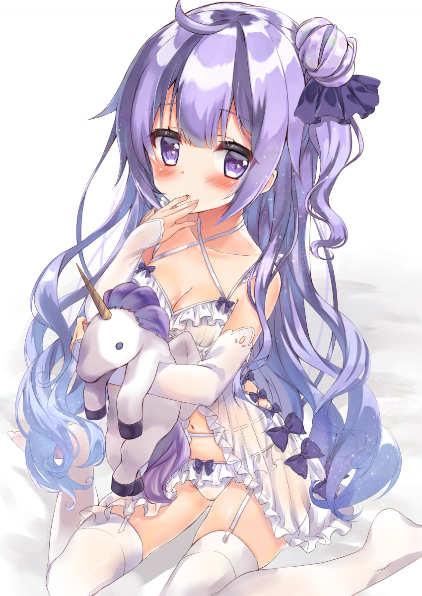 1girl azur_lane babydoll bangs bare_shoulders black_bow black_ribbon blush bow bow_panties breasts cleavage closed_mouth collarbone commentary_request criss-cross_halter detached_sleeves eyebrows_visible_through_hair fingernails garter_belt garter_straps hair_between_eyes hair_bun hair_ribbon halterneck hand_on_own_face hand_to_own_mouth highres honoka_chiffon lingerie long_hair long_sleeves looking_at_viewer medium_breasts navel no_shoes object_hug one_side_up panties purple_hair ribbon see-through shirt side_bun sitting sleeves_past_wrists solo star star_in_eye stuffed_alicorn stuffed_animal stuffed_toy symbol_in_eye thigh-highs underwear unicorn_(azur_lane) very_long_hair violet_eyes wariza white_legwear white_panties white_sleeves