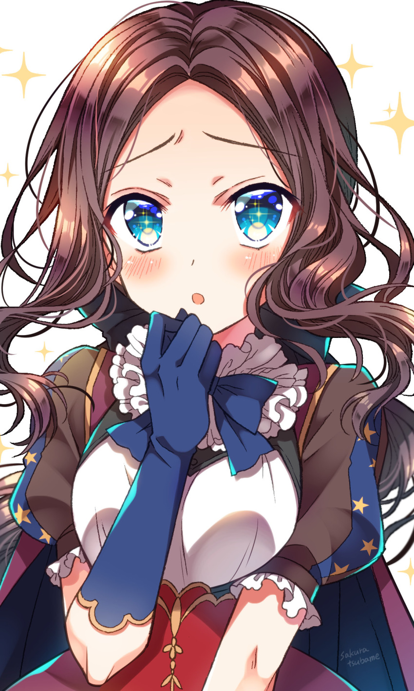 1girl :o artist_name bangs blue_bow blue_eyes blue_gloves blush bow breasts brown_hair commentary_request elbow_gloves fate/grand_order fate_(series) forehead gloves hand_up highres leonardo_da_vinci_(fate/grand_order) long_hair looking_at_viewer parted_bangs parted_lips puff_and_slash_sleeves puffy_short_sleeves puffy_sleeves sakura_tsubame short_sleeves small_breasts solo sparkle_background star star_print white_background