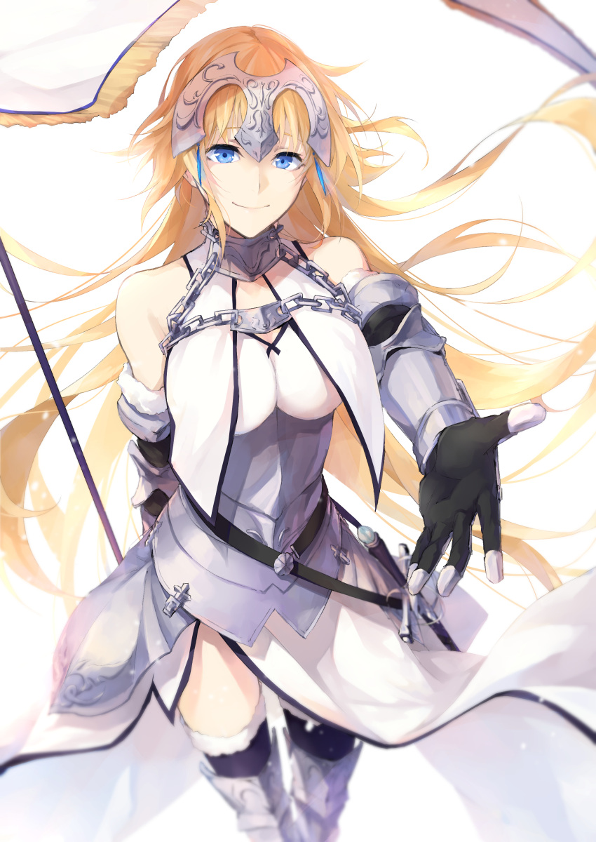 1girl absurdres arm_behind_back armor armored_boots armored_dress black_gloves black_legwear blonde_hair blue_eyes boots breasts breasts_apart chains detached_sleeves dress fate/apocrypha fate_(series) floating_hair fur-trimmed_legwear fur_trim gloves highres jeanne_d'arc_(fate) jeanne_d'arc_(fate)_(all) large_breasts long_hair looking_at_viewer simple_background smile solo sukuya_(suxuya) thigh-highs very_long_hair white_background white_dress