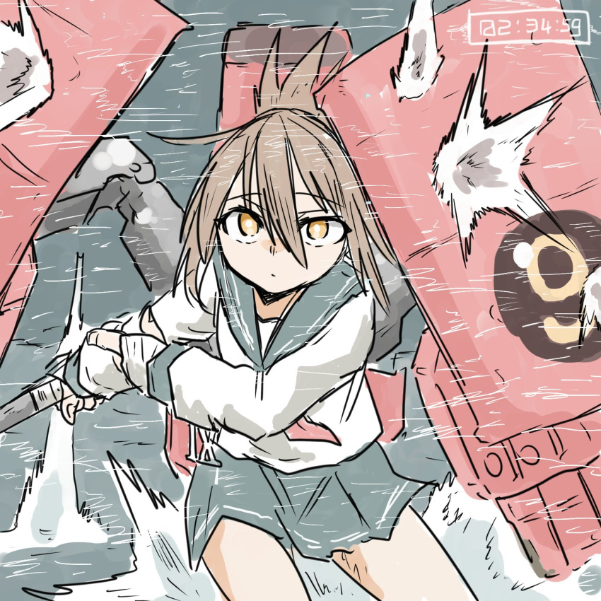 1girl armor brown_eyes brown_hair closed_eyes commentary cowboy_shot explosion expressionless eyebrows_visible_through_hair folded_ponytail hair_between_eyes highres inazuma_(kantai_collection) kantai_collection long_hair long_sleeves looking_at_viewer machinery neckerchief ocean outdoors pleated_skirt poyo_(hellmayuge) red_neckwear rigging school_uniform serafuku shirt skirt solo splashing timer torpedo torpedo_tubes v-shaped_eyebrows water white_serafuku white_shirt