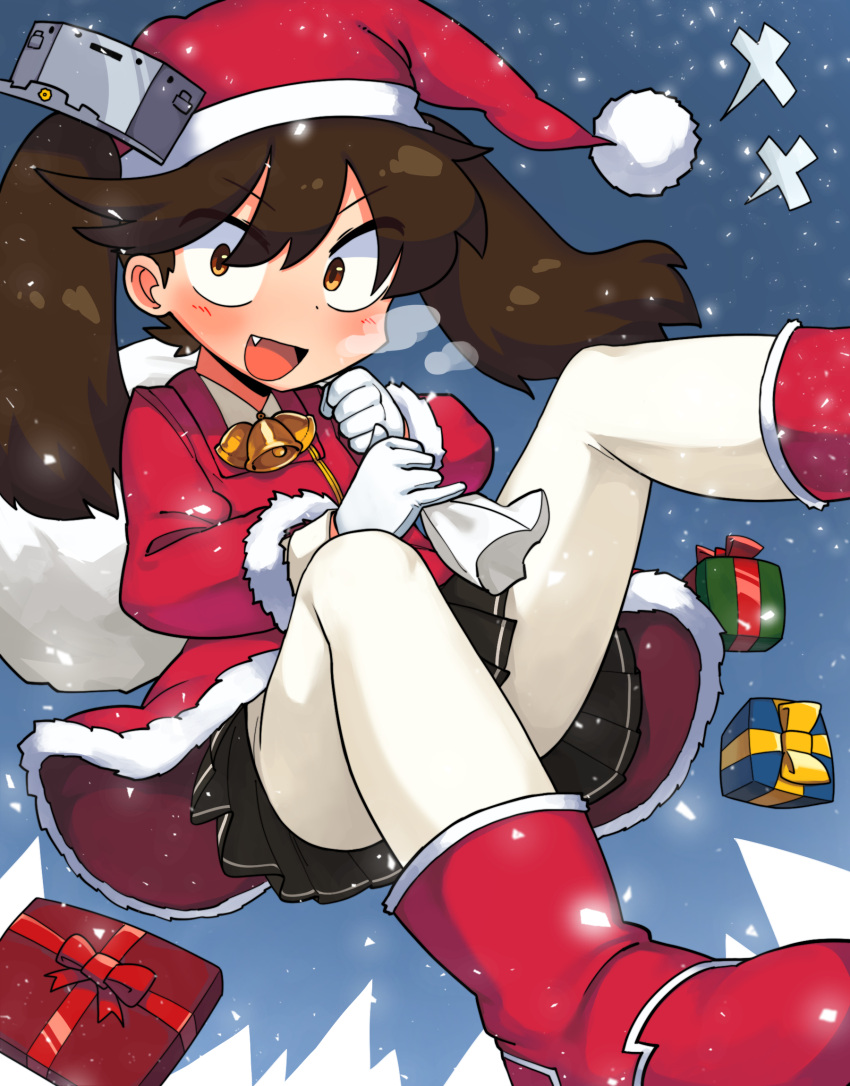 1girl :d bell black_skirt blush boots box breath brown_eyes brown_hair christmas commentary_request fang fur-trimmed_jacket fur-trimmed_sleeves fur_trim gift gift_box gloves hat highres holding holding_sack jacket kantai_collection korean_commentary legs_up lkll long_hair looking_at_viewer open_mouth pantyhose pleated_skirt red_footwear red_hat red_jacket ryuujou_(kantai_collection) sack santa_costume santa_hat shirt skirt smile solo twintails v-shaped_eyebrows white_gloves white_legwear white_shirt
