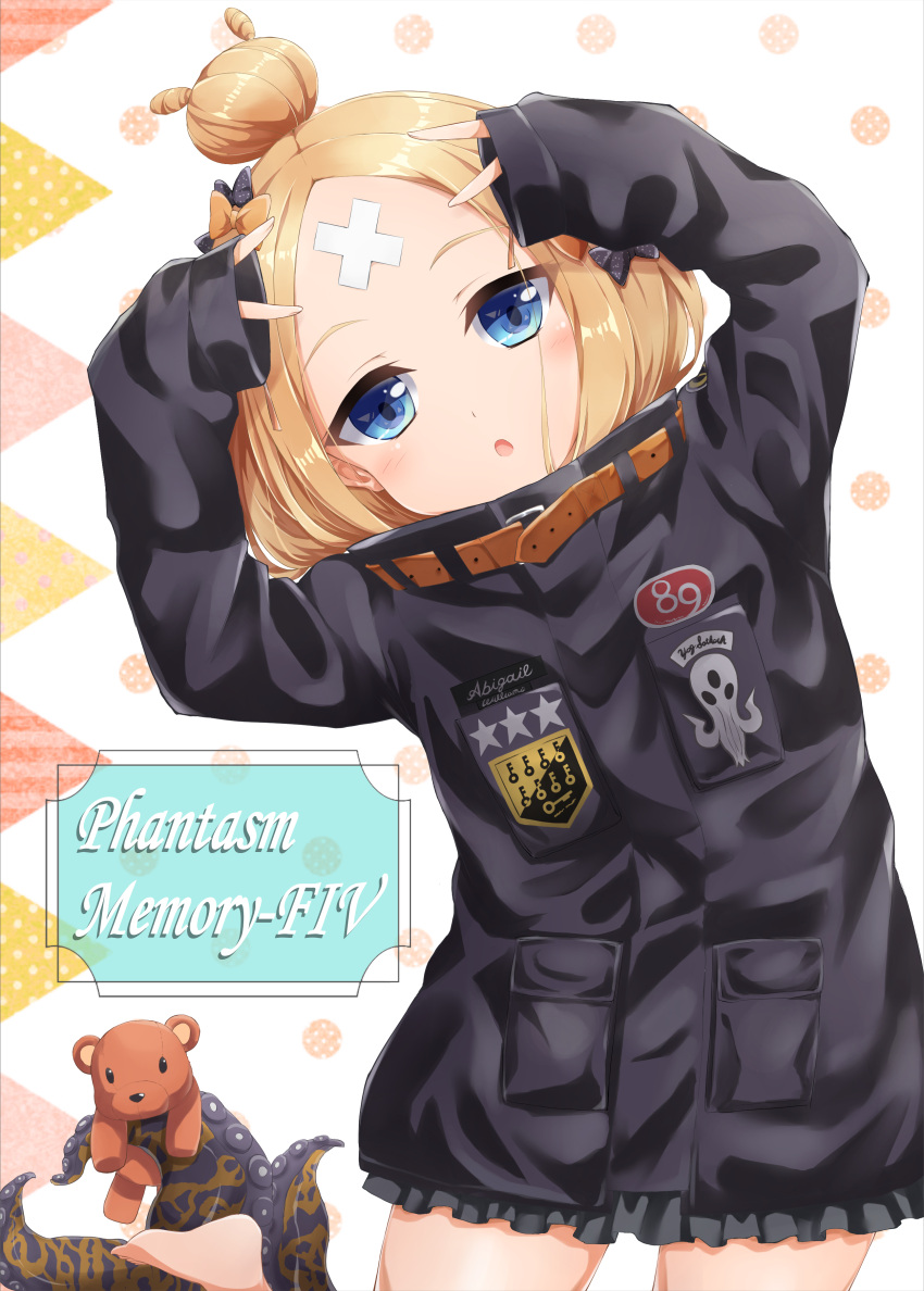 1girl :o abigail_williams_(fate/grand_order) absurdres arms_up bangs barefoot black_bow black_jacket blonde_hair blue_eyes blush bow character_name commentary_request crossed_bandaids double_v fate/grand_order fate_(series) fingernails hair_bow hair_bun heroic_spirit_traveling_outfit highres jacket key leaning_to_the_side long_hair long_sleeves looking_at_viewer orange_bow parted_bangs parted_lips polka_dot polka_dot_bow sleeves_past_wrists solo star stuffed_animal stuffed_toy suction_cups teddy_bear tentacle v yukikawa_sara