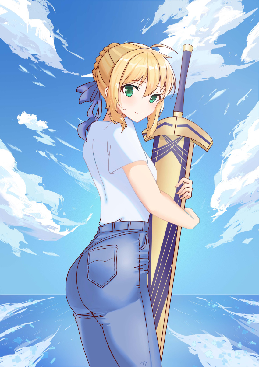 1girl 777._(pixiv) absurdres ahoge artoria_pendragon_(all) blonde_hair blue_pants blue_ribbon blue_sky braided_bun clouds cowboy_shot day eyebrows_visible_through_hair fate/stay_night fate_(series) green_eyes hair_between_eyes hair_ribbon highres holding holding_sword holding_weapon looking_at_viewer outdoors pants pixiv_fate/grand_order_contest_1 ribbon saber sheath sheathed shiny shiny_hair shirt short_sleeves sidelocks sky solo standing sword tied_hair weapon white_shirt