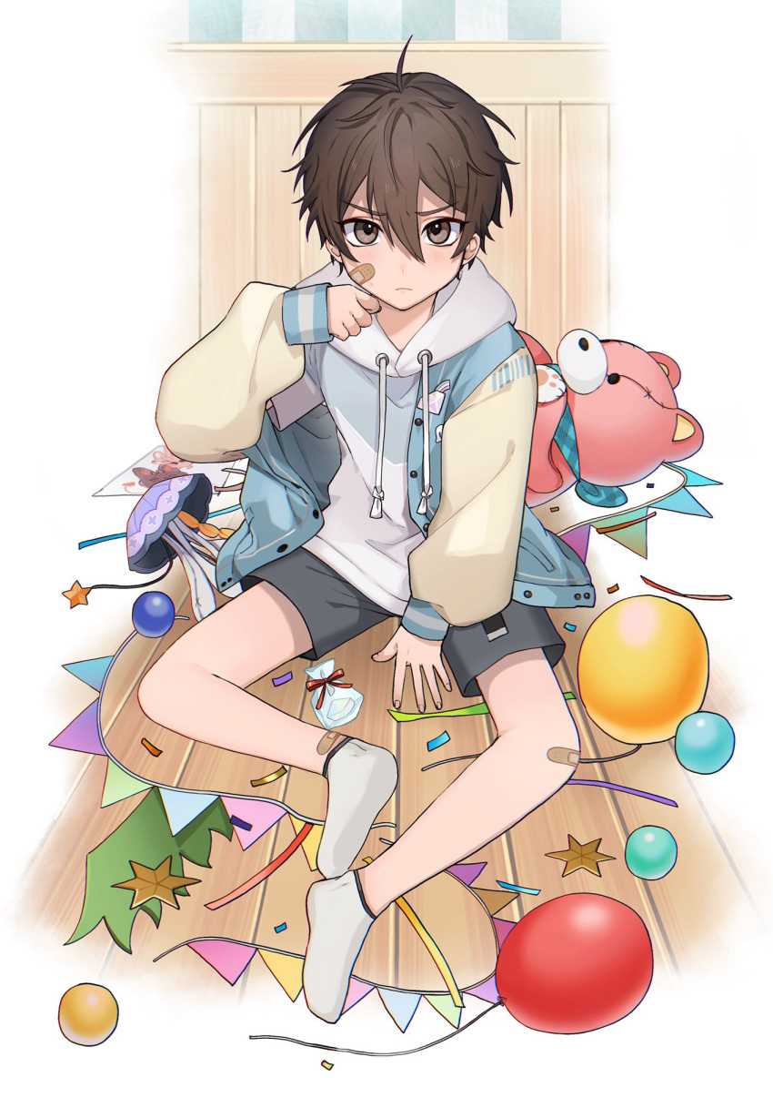 1boy balloon bandaid bandaid_on_cheek bandaid_on_face bandaid_on_leg brown_eyes brown_hair child commentary_request confetti eiden_(nu_carnival) grey_shorts highres hood hoodie jacket long_sleeves looking_at_viewer male_child male_focus nu_carnival on_floor party_popper short_hair shorts socks solo streamers stuffed_animal stuffed_toy teddy_bear wooden_floor zuix
