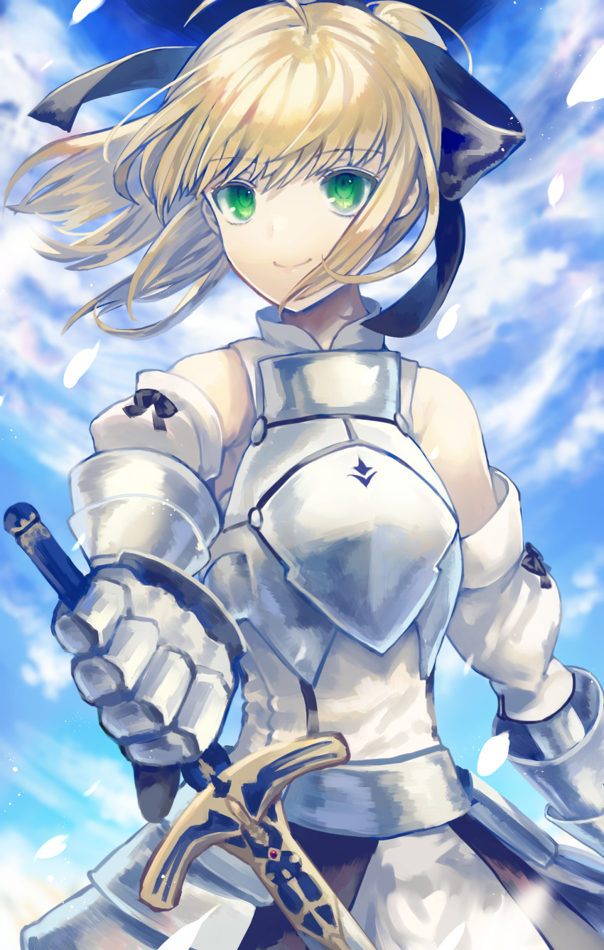 1girl ahoge armor armored_dress artoria_pendragon_(all) black_ribbon blonde_hair breastplate clouds detached_sleeves dress excalibur eyebrows_visible_through_hair fate/unlimited_codes fate_(series) faulds floating_hair gauntlets green_eyes hair_ribbon highres holding holding_sword holding_weapon long_hair nomuraumu outdoors ribbon saber_lily smile solo standing sword weapon white_dress white_petals white_sleeves wind