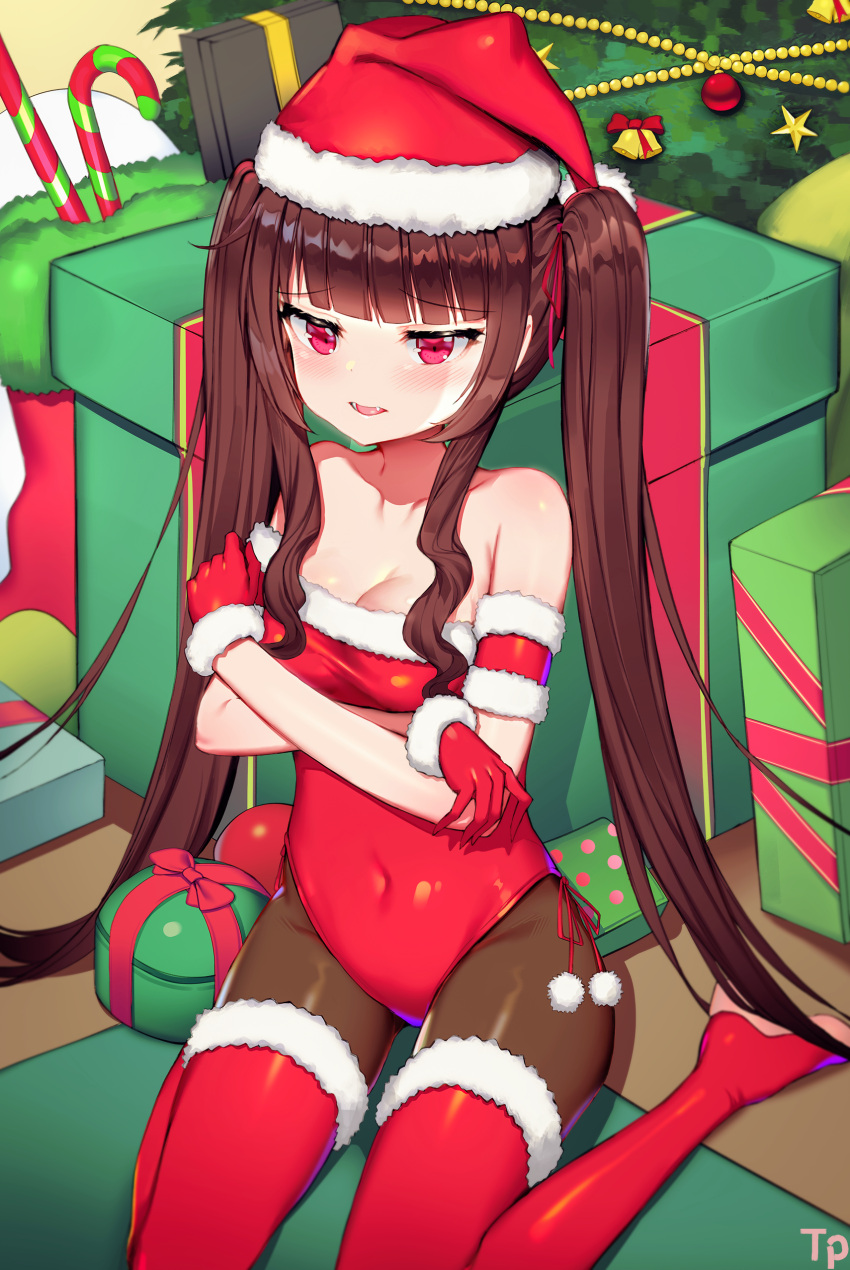 1girl absurdres armband armpit_crease artist_name bangs bare_shoulders bauble beads bell blunt_bangs blurry blush boots breasts brown_hair brown_legwear candy candy_cane character_request christmas christmas_tree cleavage collarbone covered_navel embarrassed eyebrows_visible_through_hair fang food fur-trimmed_boots fur_trim gift gloves groin hair_ribbon hat highres jitome leotard lily_bloomerchen long_hair medium_breasts pantyhose parted_lips pom_pom_(clothes) red_eyes red_footwear red_gloves red_hat red_leotard red_ribbon ribbon santa_costume santa_hat sidelocks sitting solo soul_worker taut_clothes thigh-highs thigh_boots tttanggvl twintails very_long_hair wariza wavy_hair