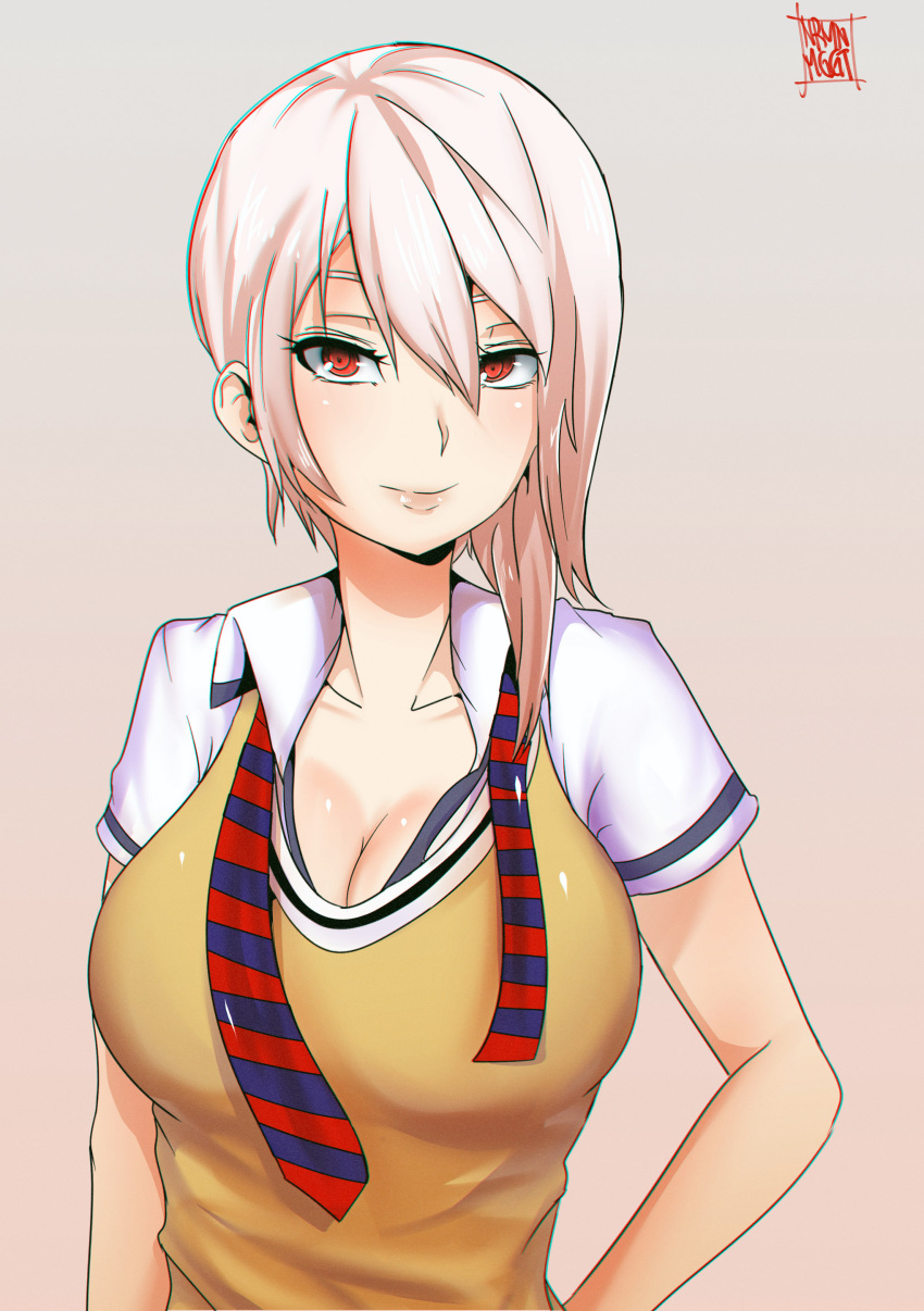 1girl absurdres breasts cardigan cleavage hair_between_eyes highres large_breasts lavender_hair looking_at_viewer nakiri_alice norman_maggot open_clothes open_shirt red_eyes shokugeki_no_souma short_hair short_sleeves simple_background smile solo tootsuki_saryou_ryouri_gakuen_uniform undone_necktie upper_body