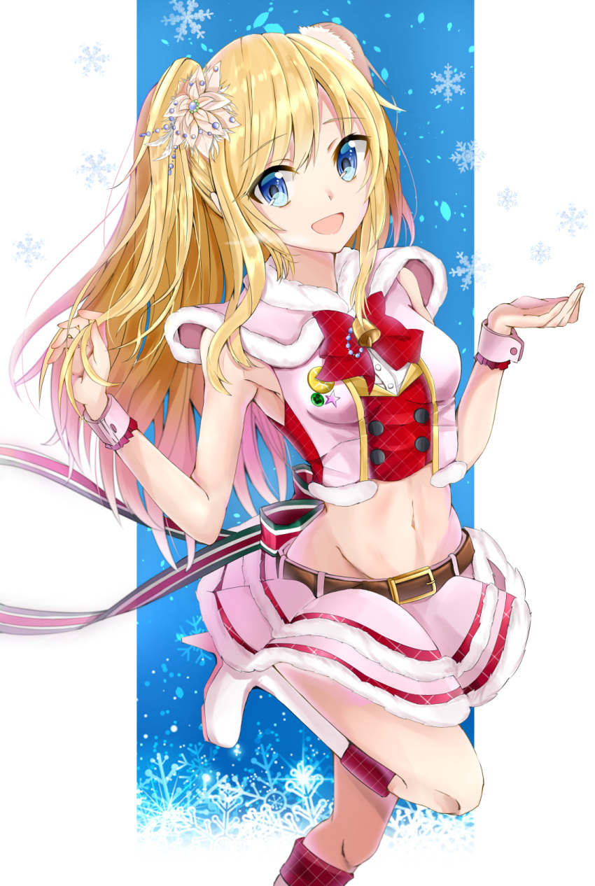 1girl :d belt blonde_hair blue_eyes boots capelet crop_top eyebrows_visible_through_hair fur-trimmed_capelet fur-trimmed_skirt fur_trim gradient_hair groin hair_between_eyes hair_ornament high_heel_boots high_heels highres idolmaster idolmaster_cinderella_girls layered_skirt leg_up midriff miniskirt multicolored_hair navel ootsuki_yui open_mouth pink_capelet pink_hair pink_skirt red_neckwear sankee shiny shiny_hair skirt sleeves smile solo standing standing_on_one_leg stomach twintails two-tone_hair white_footwear wrist_cuffs
