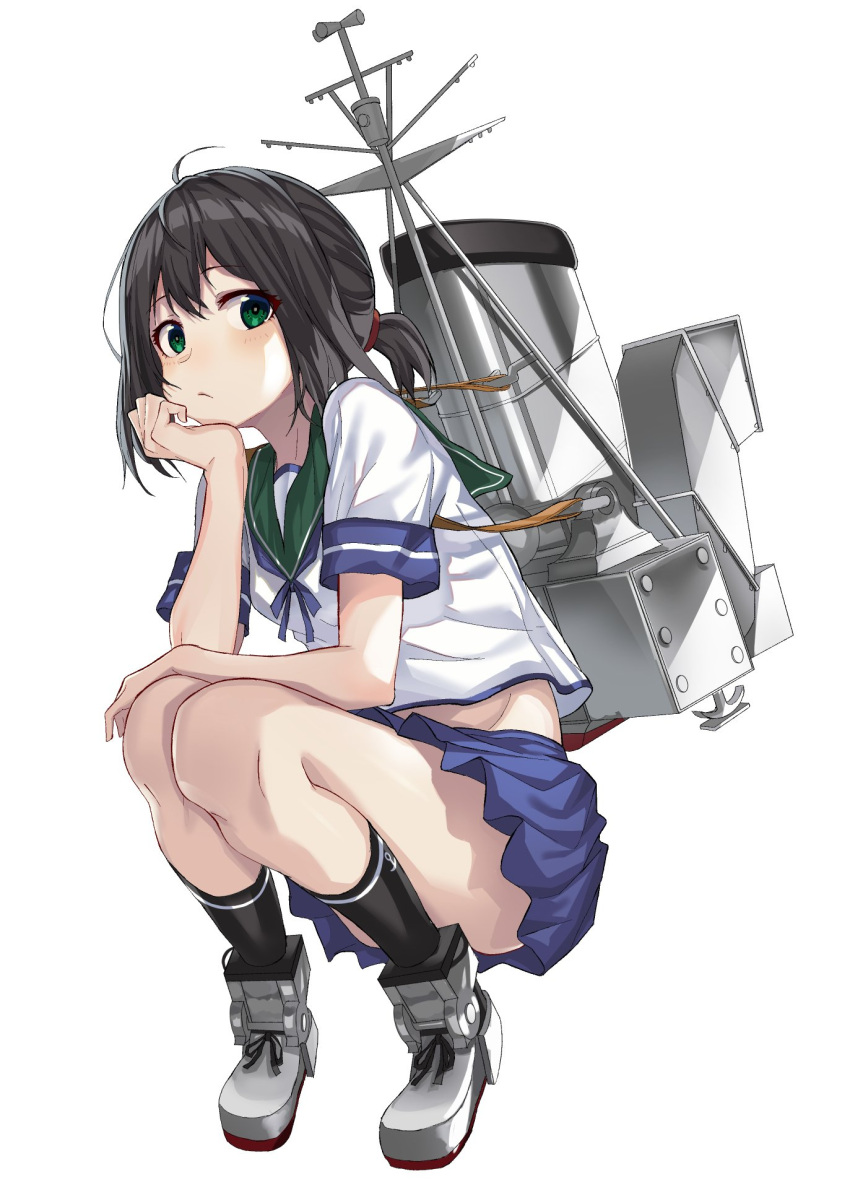 1girl anchor anchor_symbol black_hair black_legwear blue_skirt blush breasts chin_rest closed_mouth commentary elbow_rest eyebrows_visible_through_hair folded_leg fubuki_(kantai_collection) full_body green_eyes green_sailor_collar hair_between_eyes hair_tie highres kantai_collection kneehighs looking_at_viewer low_ponytail machinery mast midriff neckerchief oweee pleated_skirt rigging rudder_shoes sailor_collar school_uniform serafuku short_ponytail short_sleeves simple_background sitting skirt smokestack solo squatting strap white_background