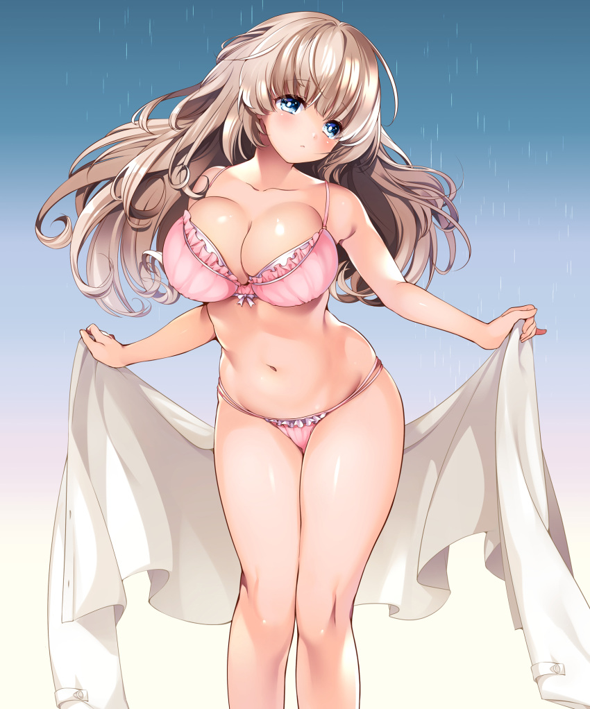 1girl bangs blue_background blue_eyes bow bow_bra bra breasts cleavage eyebrows_visible_through_hair frilled_bra frilled_panties frills gradient gradient_background head_tilt highres holding_shirt large_breasts leaning_forward light_brown_hair long_hair long_sleeves looking_at_viewer navel original panties parted_lips pink_bra pink_panties ruri_rarako shirt skindentation solo standing string_panties thighs towel underwear underwear_only white_shirt white_towel