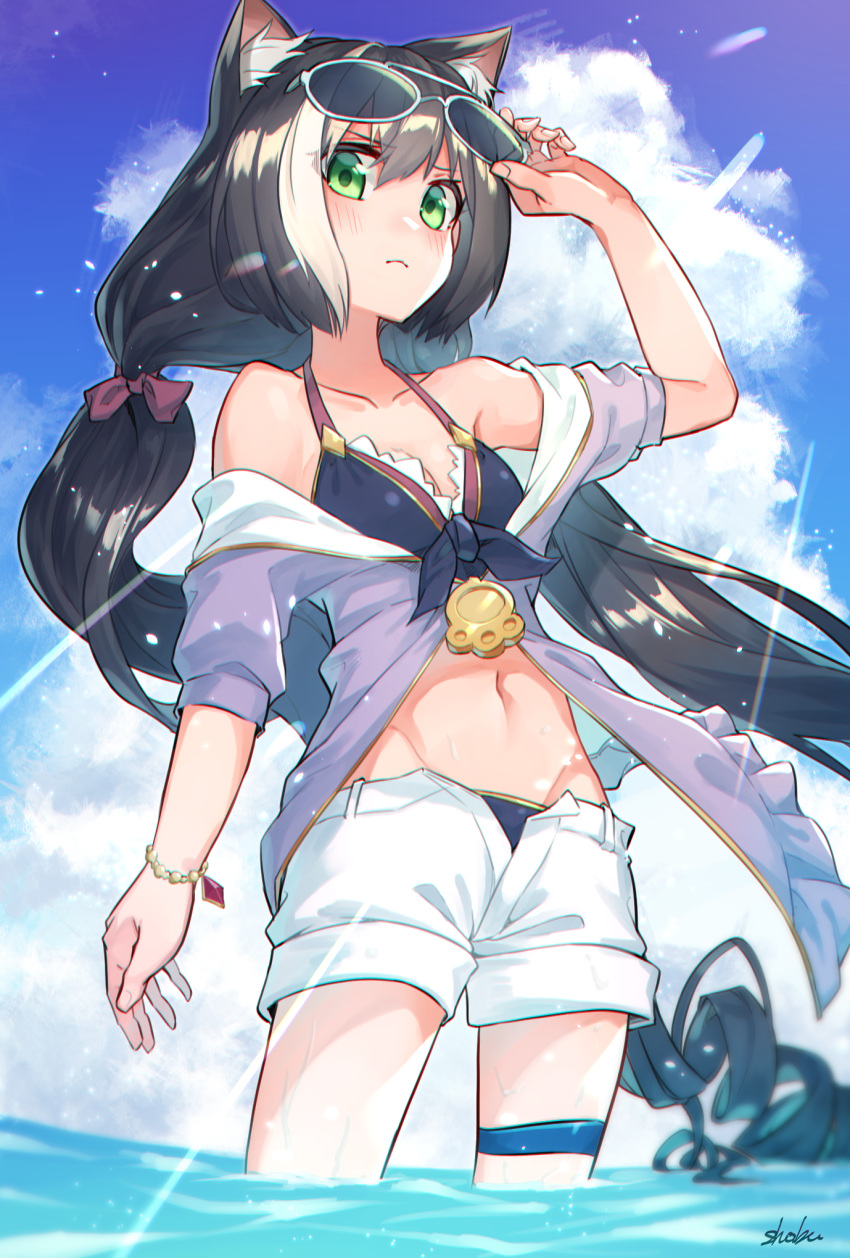 1girl animal_ear_fluff animal_ears bangs bare_shoulders bikini_bottom bikini_top black_hair blush breasts cat_ears cat_tail clouds cloudy_sky commentary_request cowboy_shot eyebrows_visible_through_hair from_below frown green_eyes groin halter_top halterneck hand_on_own_head highres kyaru_(princess_connect) lens_flare long_hair looking_at_viewer looking_down multicolored_hair navel open_pants outdoors princess_connect! princess_connect!_re:dive removing_eyewear sho_bu_1116 short_shorts shorts sky small_breasts solo standing streaked_hair sunglasses swimsuit tail thigh_strap twintails very_long_hair wading white_hair