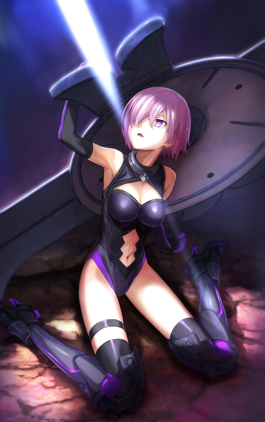 1girl absurdres armpits black_gloves black_legwear black_leotard breasts cleavage cleavage_cutout elbow_gloves fate/grand_order fate_(series) full_body gloves hair_over_one_eye highres holding_shield leotard looking_up mash_kyrielight medium_breasts midriff navel navel_cutout open_mouth outdoors pink_hair shield shiny shiny_clothes sitting solo stomach thigh-highs thigh_strap tuchinokoeffect violet_eyes wariza