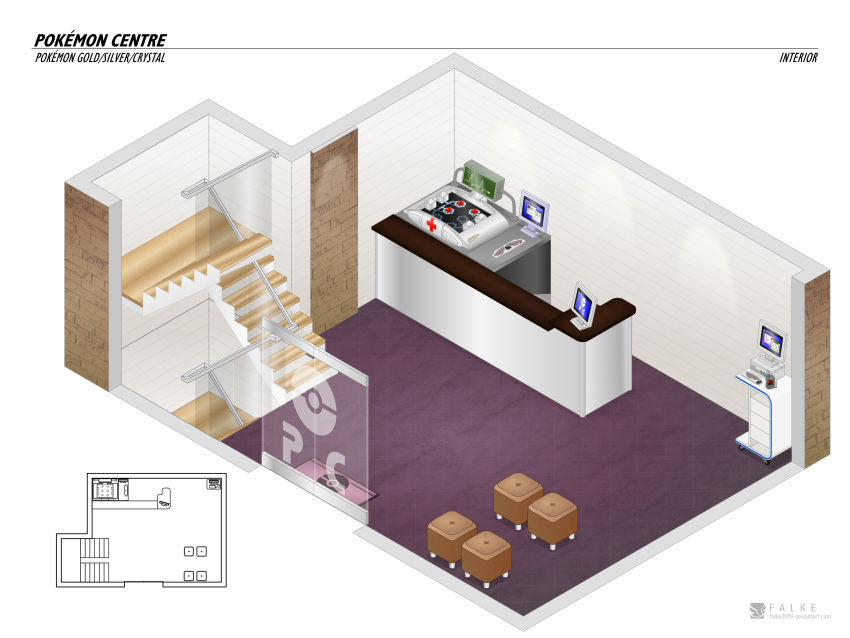 3d computer counter creatures_(company) door falke2009 game_freak graph handrail highres indoors nintendo no_humans poke_ball poke_ball_(generic) pokemon pokemon_(game) pokemon_center pokemon_gsc stairs