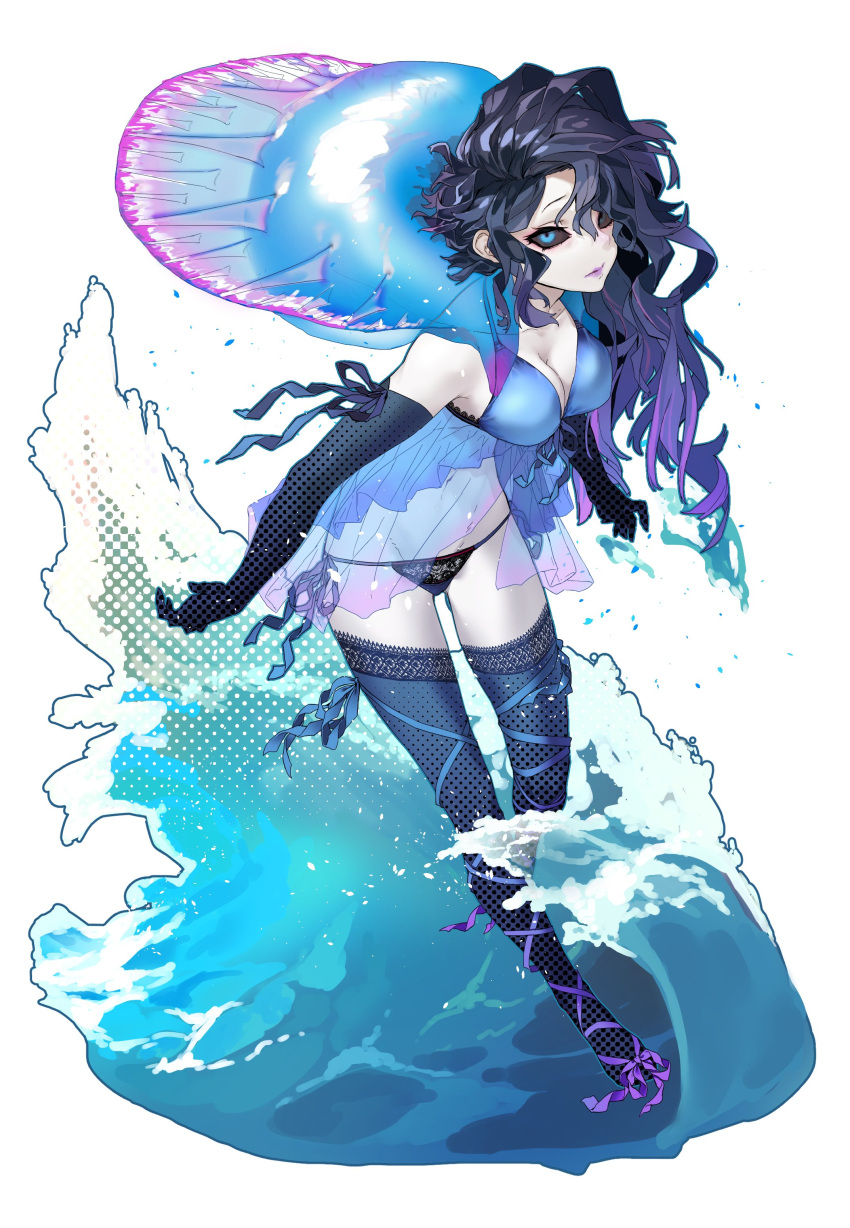1girl absurdres babydoll black_hair black_sclera blue_eyes blue_gloves blue_legwear blue_panties blue_ribbon breasts cleavage elbow_gloves expressionless full_body gloves gradient_hair highres leaning_forward leg_ribbon lips long_hair medium_breasts multicolored_hair original pale_skin panties personification portuguese_man_o'_war purple_hair purple_lips purple_ribbon reiga_(act000) ribbon see-through simple_background solo splashing thigh-highs underwear unmoving_pattern water white_background