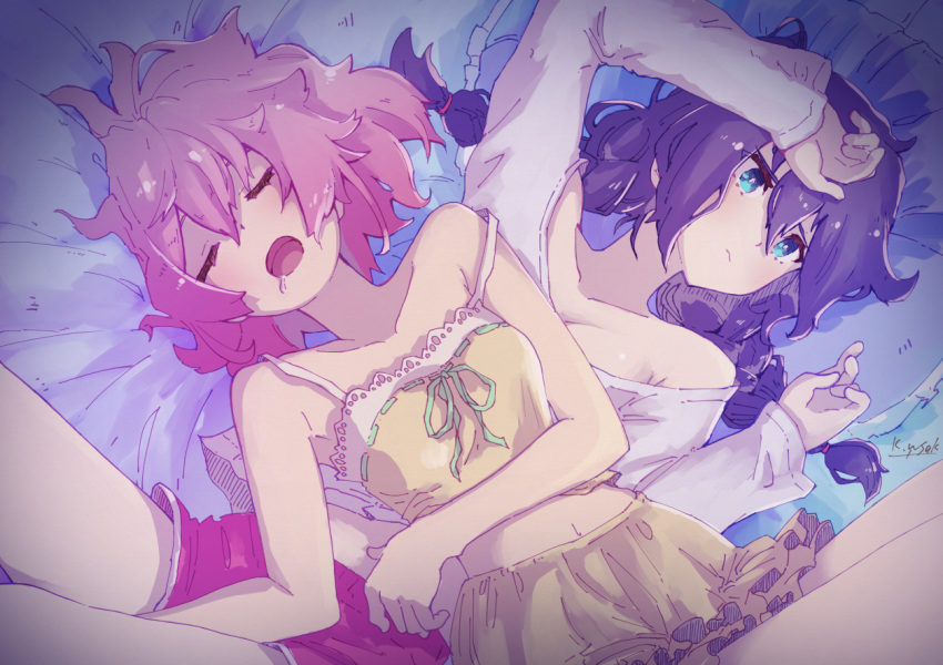 2girls arm_up black_hair blue_eyes braid brown_hair camisole closed_eyes collarbone drooling female frills indoors kagawa_yuusaku long_hair looking_to_the_side lying lying_on_person midriff multiple_girls navel on_back open_mouth original saliva short_hair shorts signature sleeping strap_slip twin_braids yuri