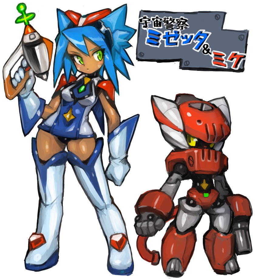 1girl absurdres bangs blue_hair boots breasts character_name commentary_request dakusuta dark_skin facial_mark gloves green_eyes hair_ornament highres holding holding_weapon medium_breasts original robot short_hair simple_background spiky_hair standing thigh-highs thigh_boots translation_request weapon white_background white_footwear yellow_eyes
