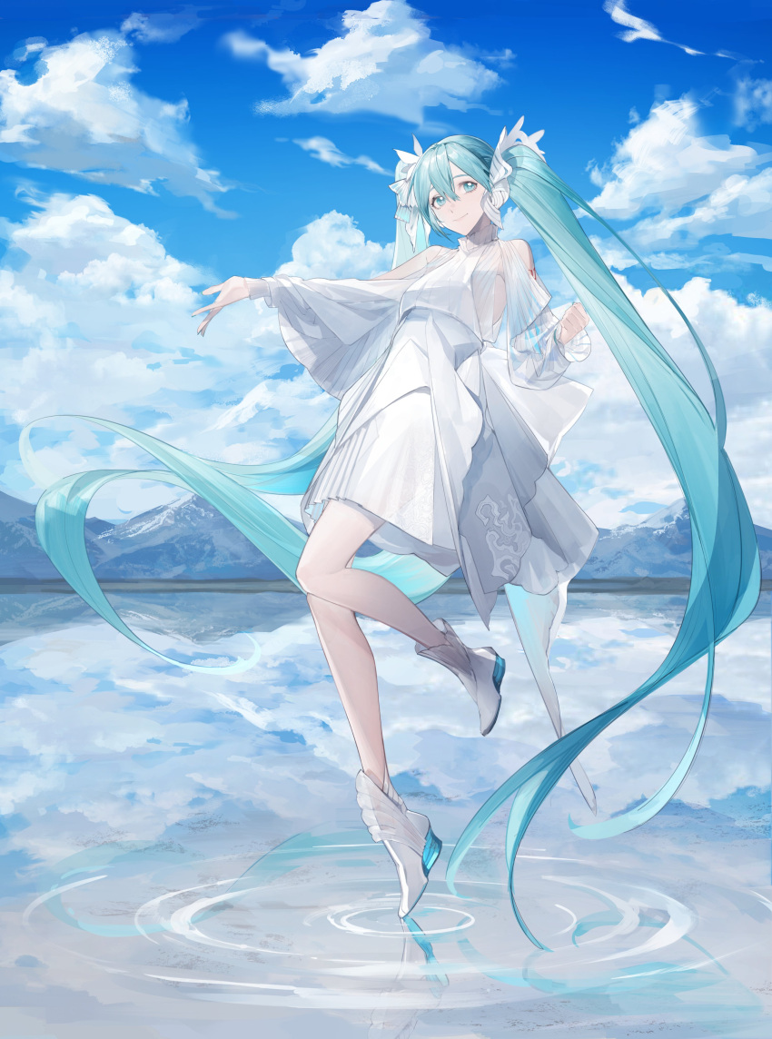 absurdres aqua_eyes aqua_hair back_bow bare_shoulders blue_sky boots bow breasts clouds cloudy_sky dress full_body hair_between_eyes highres long_hair looking_at_viewer medium_breasts meru02295238 outdoors outstretched_arm reflection reflective_water see-through see-through_sleeves sky smile standing standing_on_liquid twintails very_long_hair vocaloid white_dress white_footwear