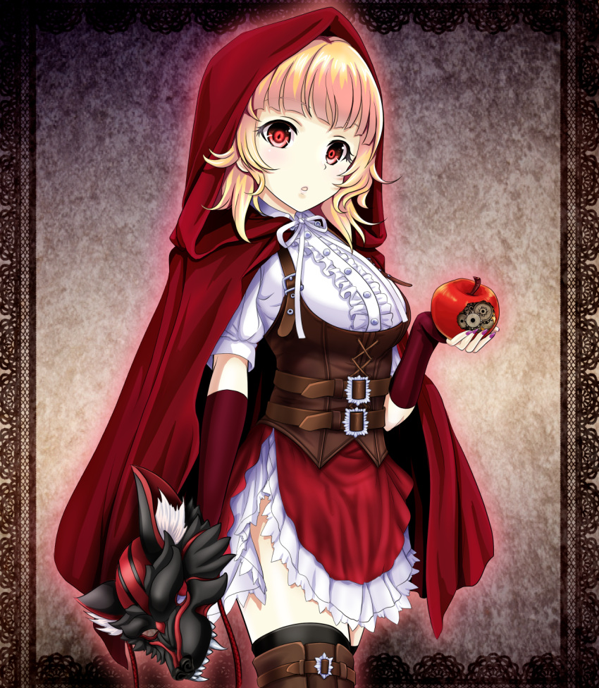 1girl apple black_legwear blonde_hair brown_legwear chestnut_mouth corset cross-laced_clothes elbow_gloves fingerless_gloves food frills fruit gears gloves highres holding holding_food holding_fruit looking_at_viewer mask mask_removed original red_eyes red_gloves red_hood red_robe short_sleeves solo standing thigh-highs tk8d32 wolf_mask