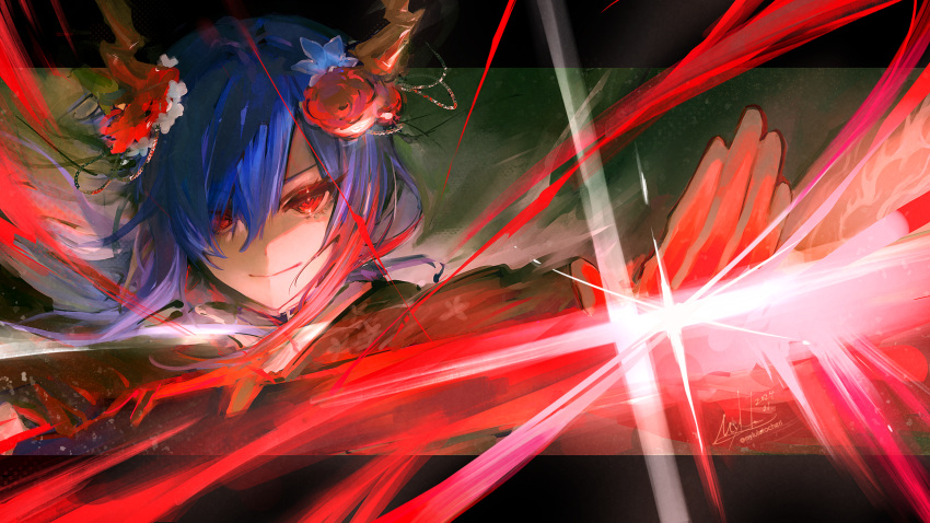 1girl arknights blue_hair ch'en_(arknights) closed_mouth dated dragon_horns flower glowing glowing_sword glowing_weapon gradient_hair hair_flower hair_ornament hair_over_one_eye highres holding holding_sword holding_weapon horns letterboxed long_hair looking_at_viewer multicolored_hair myluche red_eyes red_flower redhead signature smile solo sword upper_body weapon