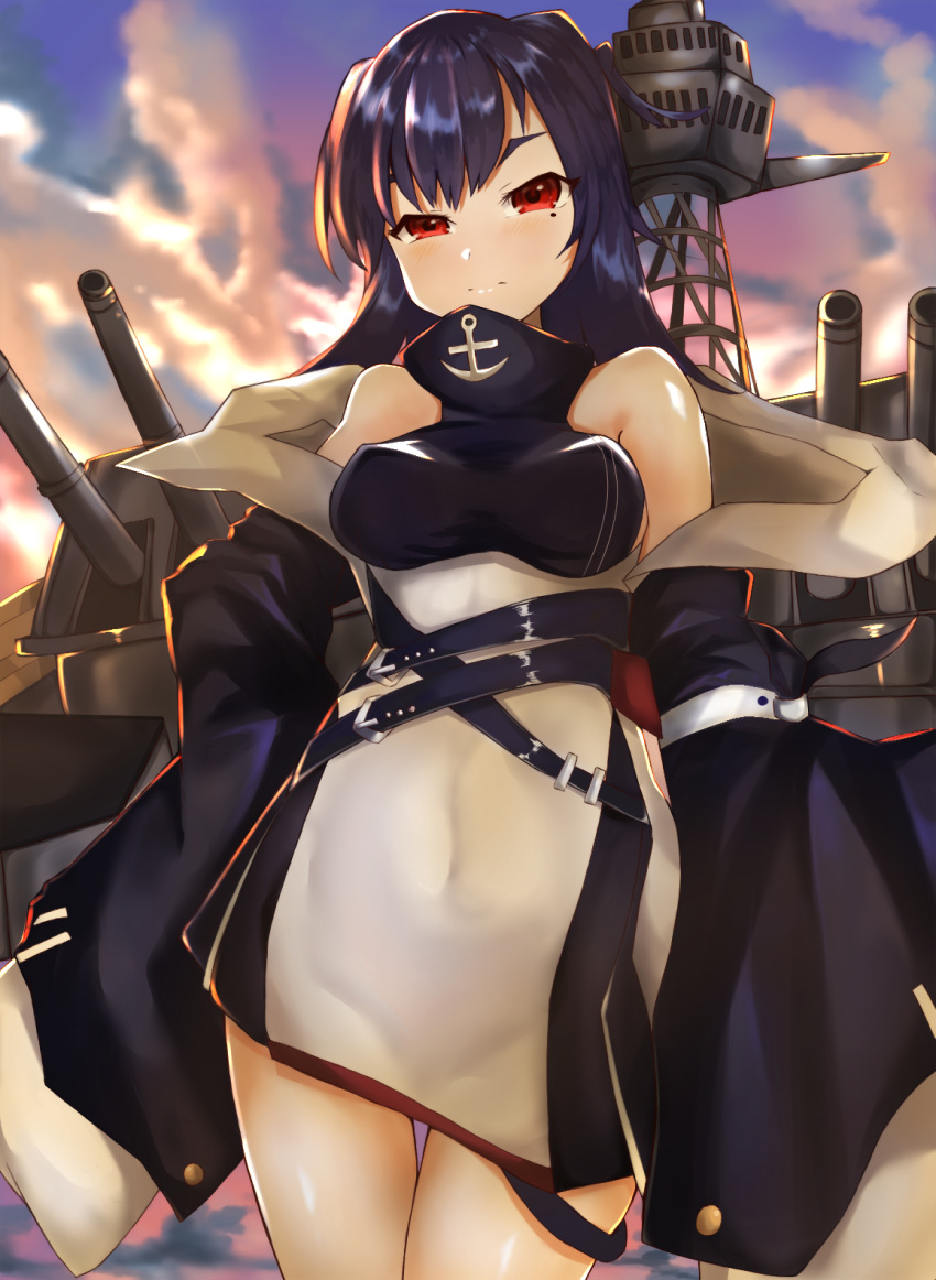 1girl azur_lane bangs bare_shoulders black_hair blush breasts clouds cloudy_sky commentary_request erect_nipples evening highres long_hair looking_at_viewer medium_breasts mole mole_under_eye navel red_eyes rigging sideboob skin_tight sky sleeves_past_wrists solo strap uishiro_(scvu7324) west_virginia_(azur_lane) wide_sleeves