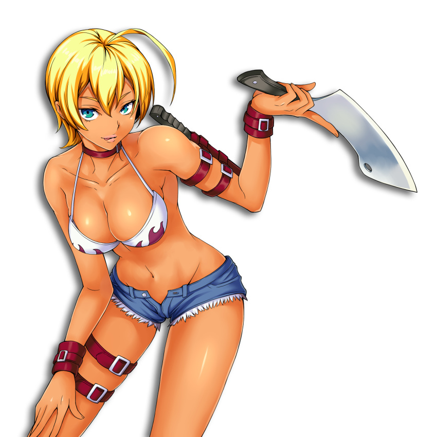 1girl ahoge bare_shoulders bikini_top blonde_hair blue_eyes breasts cleavage collar da-cart denim denim_shorts hair_between_eyes hand_on_leg highres holding holding_knife knife leaning_forward licking_lips looking_at_viewer medium_breasts mito_ikumi shokugeki_no_souma short_hair shorts simple_background solo standing tongue tongue_out white_background