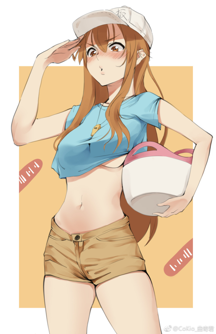 1girl adult age_difference blue_shirt blush border breasts brown_background brown_eyes brown_hair brown_shorts cokio cowboy_shot hair_between_eyes hat hataraku_saibou highres holding long_hair looking_at_viewer medium_breasts navel older platelet_(hataraku_saibou) salute shirt short_shorts short_sleeves shorts solo stomach under_boob undersized_clothes watermark weibo_logo weibo_username whistle whistle_around_neck white_border white_hat