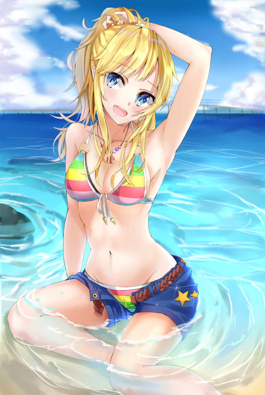 1girl :d arm_support arm_up belt bikini blonde_hair blue_eyes blue_shorts blush breasts cleavage clouds collarbone front-tie_bikini front-tie_top groin hair_ornament hand_in_hair head_tilt high_ponytail highres idolmaster idolmaster_cinderella_girls idolmaster_cinderella_girls_starlight_stage long_hair medium_breasts navel o-ring o-ring_bikini ocean ootsuki_yui open_clothes open_mouth open_shorts outdoors sankee short_shorts shorts sitting sky smile solo striped striped_bikini swimsuit water
