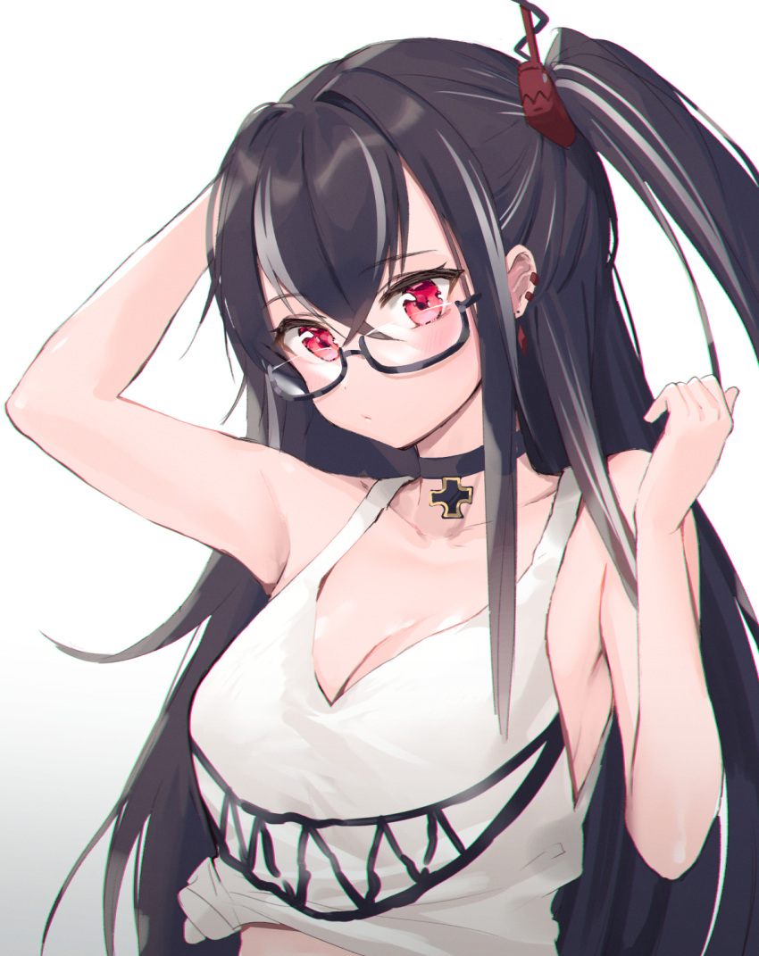 1girl arm_up armpits azur_lane bangs bare_arms bare_shoulders black-framed_eyewear black_choker black_hair blush breasts choker cleavage closed_mouth collarbone commentary_request crop_top cross cross_choker ear_piercing earrings eyebrows_visible_through_hair gradient gradient_background grey_hair hair_between_eyes hair_intakes hair_ornament hand_up head_tilt highres jewelry kiyosato0928 long_hair looking_at_viewer looking_over_eyewear medium_breasts multicolored_hair one_side_up piercing red_eyes semi-rimless_eyewear shirt sidelocks sleeveless sleeveless_shirt solo streaked_hair tank_top u-47_(azur_lane) under-rim_eyewear upper_body very_long_hair white_background white_shirt