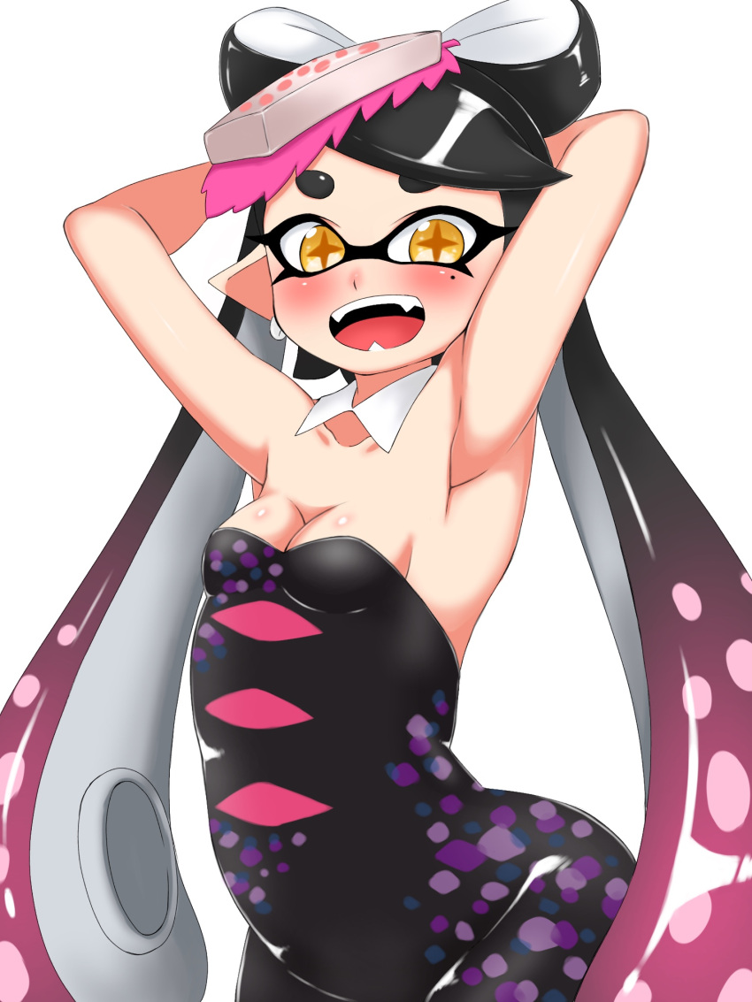 1girl aori_(splatoon) arms_up bad_anatomy bare_shoulders black_hair bow breasts cleavage detached_collar domino_mask dress earrings food food_on_head hair_bow highres jewelry long_hair mask mole mole_under_eye object_on_head open_mouth penginmaru pointy_ears small_breasts solo splatoon_(series) squid standing strapless tentacle_hair white_background yellow_eyes