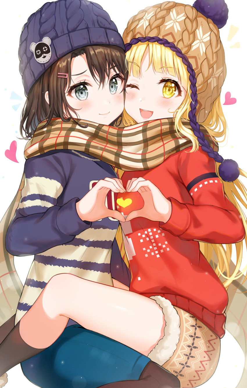 2girls ;d absurdres bang_dream! bangs beanie black_hair black_legwear blonde_hair blue_hat blue_skirt blue_sweater blush breast_press breasts brown_hat brown_scarf brown_skirt closed_mouth commentary eyebrows_visible_through_hair fur_trim grey_eyes hair_ornament hairclip hat heart heart_hands heart_hands_duo highres light_particles long_hair long_sleeves looking_at_viewer miniskirt multiple_girls okusawa_misaki one_eye_closed open_mouth pantyhose pencil_skirt plaid plaid_scarf red_sweater scarf shared_scarf short_hair sidelocks simple_background sitting skirt small_breasts smile sweater symbol_commentary symmetrical_docking tareme tokkyu_(user_mwwe3558) tsurumaki_kokoro upper_teeth white_background winter_clothes yellow_eyes