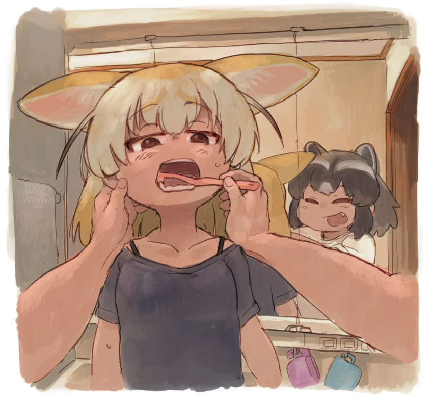 2girls ^_^ alternate_costume animal_ears bangs bathroom bell_(hellchan3) black_hair black_shirt blonde_hair bra_strap brown_eyes brushing_another's_teeth brushing_teeth casual closed_eyes closed_eyes collarbone commentary_request common_raccoon_(kemono_friends) contemporary extra_ears eyebrows_visible_through_hair fang female_pov fennec_(kemono_friends) foreshortening fox_ears grey_hair half-closed_eyes hand_on_another's_cheek hand_on_another's_face hands_up highres holding holding_toothbrush indoors kemono_friends looking_at_another medium_hair mirror multicolored_hair multiple_girls open_mouth pov raccoon_ears reflection shirt short_sleeves sidelocks smile sweat toothbrush upper_body white_shirt