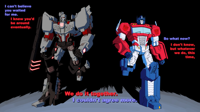 2boys arm_cannon autobot blue_eyes cannon comic commentary english_commentary eyes glowing glowing_eyes glowing_weapon ground_vehicle headgear highres insignia jetblack0x light machine machinery mecha megatron megatron_(idw) motor_vehicle multiple_boys no_humans optimus_prime optimus_prime_(idw) red_eyes robot smile the_transformers_(idw) transformers truck weapon