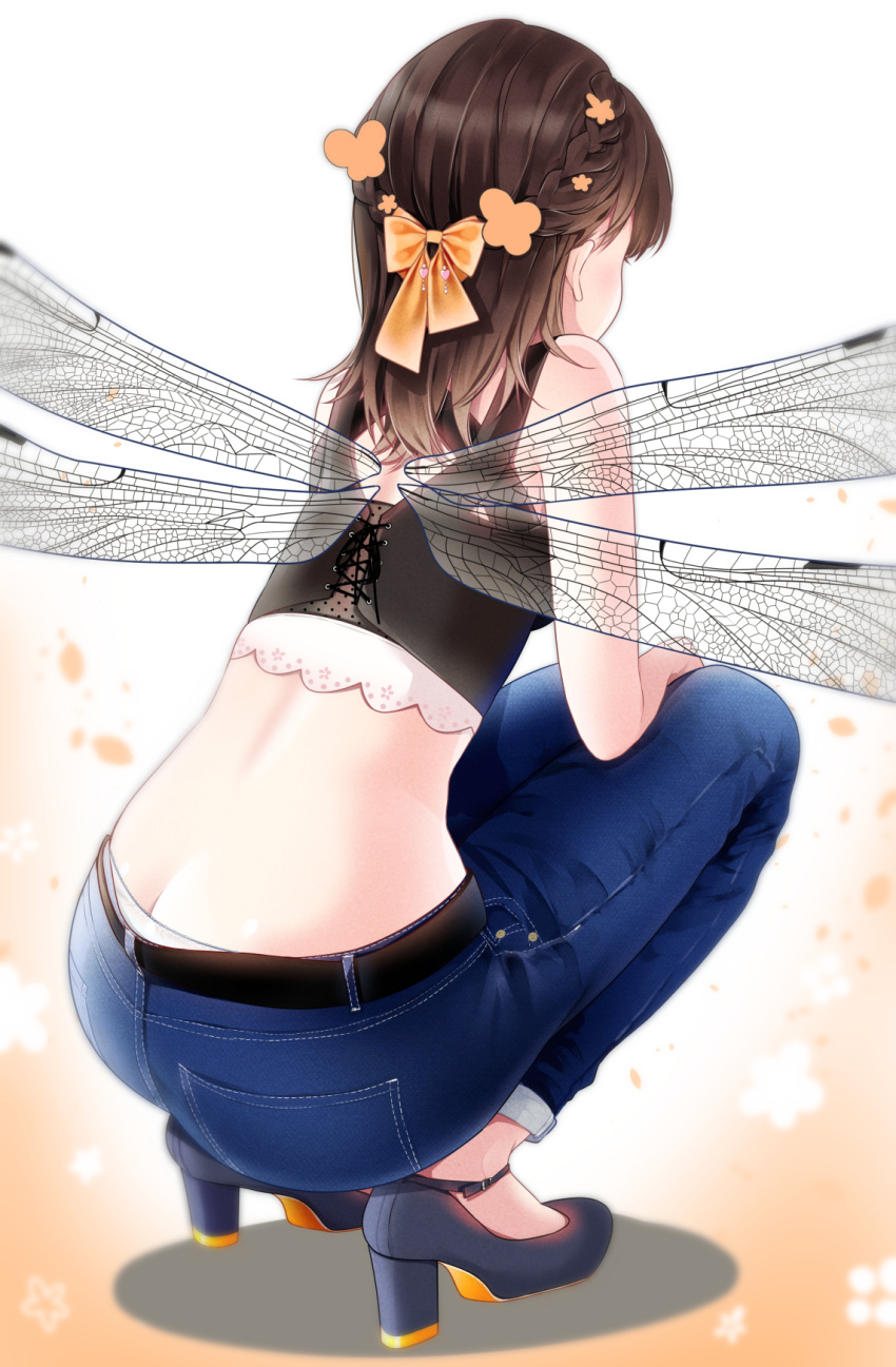 1girl ass belt blush bow braid breasts brown_hair butt_crack commentary_request crop_top denim from_behind full_body hair_bow high_heels highres insect_wings jeans long_hair medium_breasts original panties pants panty_peek sakippo_(sakippo0) simple_background sleeveless solo squatting underwear wings