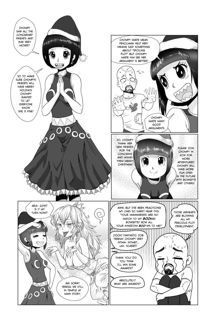 artist_self-insert bald bite_mark collar comic crown dress frilled_collar frilled_dress frilled_gloves frills ghost_pose gloves hat highres long_tongue luigi's_mansion super_mario_bros. mini_crown monochrome new_super_mario_bros._u_deluxe nintendo pencils_(artist) princess_chain_chomp princess_king_boo santa_hat sharp_teeth spoilers super_crown super_mario_bros. tears teeth tilted_headwear tongue tongue_out