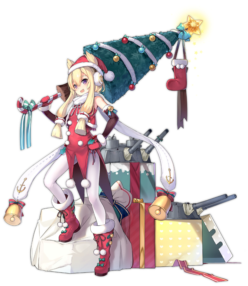 1girl anchor azur_lane bell black_gloves blonde_hair blush boots box candy candy_cane christmas christmas_tree earmuffs elbow_gloves eyebrows_visible_through_hair food full_body gift gift_box gloves hand_on_hip highres holding holding_lance holding_weapon knee_boots lance lino-lin long_hair looking_at_viewer mittens official_art open_mouth pantyhose polearm red_footwear red_mittens smile solo standing thigh-highs transparent_background very_long_hair violet_eyes warspite_(azur_lane) weapon white_legwear