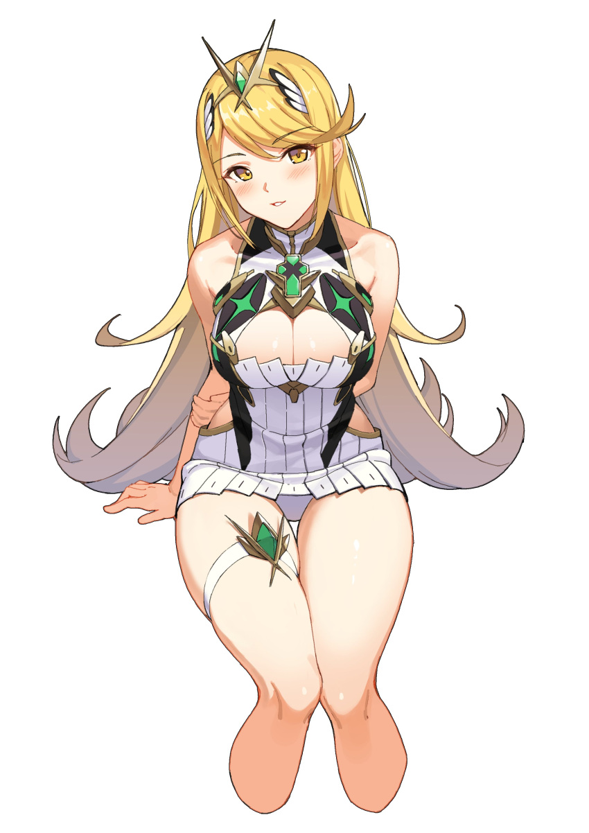 1girl absurdres arms_behind_back bangs blonde_hair blush breasts cleavage cleavage_cutout cropped_legs eyebrows_visible_through_hair flipped_hair hairband head_tilt highres mythra_(xenoblade) icarus_(632247131) large_breasts long_hair looking_at_viewer nintendo panties parted_lips sidelocks simple_background sitting skindentation solo swept_bangs thigh_gap thigh_strap underwear white_background white_panties xenoblade_(series) xenoblade_2 yellow_eyes
