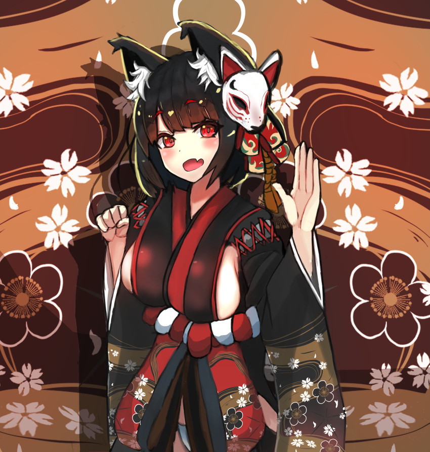 absurdres animal_ears azur_lane bangs bell black_hair black_kimono blunt_bangs breasts cat_ears cat_mask dainit eyebrows_visible_through_hair fang fox_mask highres japanese_clothes jingle_bell kimono mask mask_on_head paw_pose short_kimono sideboob wide_sleeves yamashiro_(azur_lane)