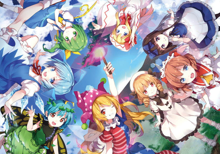 6+girls american_flag_dress american_flag_legwear antennae arm_up ascot bare_arms black_neckwear black_ribbon blonde_hair bloomers blue_bow blue_dress blue_eyes blue_hair blue_skirt blue_sky blue_vest blue_wings bow bowtie brown_eyes brown_hair butterfly_wings cirno clouds clownpiece daiyousei day dress drill_hair eternity_larva fairy_wings fire green_dress green_eyes green_hair grin hair_bow hair_ornament hat hat_bow highres hime_cut holding ice ice_wings jester_cap leaf_hair_ornament lily_white long_hair long_sleeves luna_child multiple_girls neck_ribbon neck_ruff one_eye_closed outdoors pantyhose polka_dot puffy_short_sleeves puffy_sleeves purple_hat red_bow red_eyes red_ribbon ribbon risui_(suzu_rks) shirt short_dress short_hair short_sleeves side_ponytail skirt skirt_set sky smile socks star star_print star_sapphire striped sunny_milk torch touhou transparent_wings underwear vest violet_eyes waving wavy_hair white_dress white_hat white_legwear white_shirt wide_sleeves wings yellow_neckwear