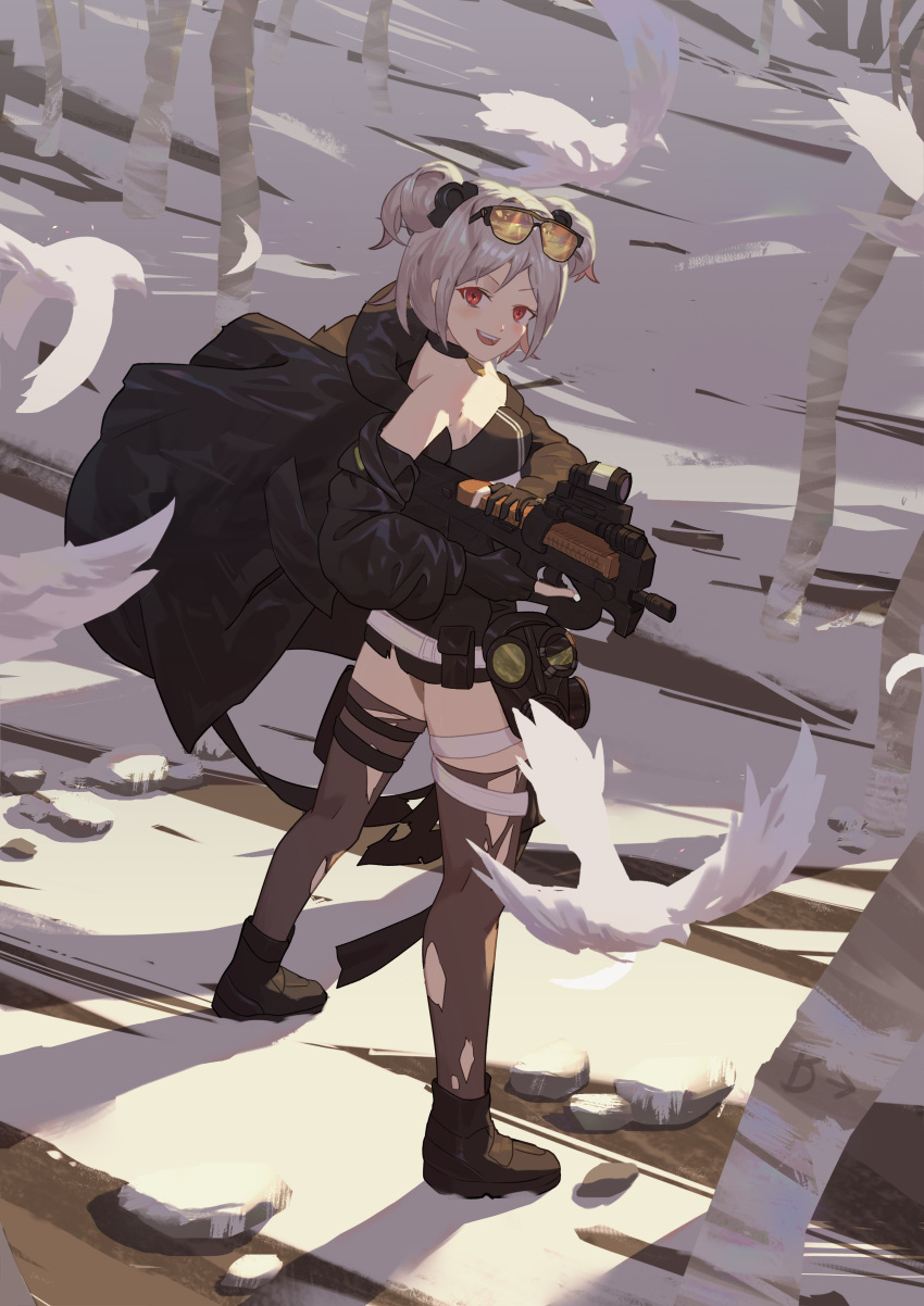 1girl absurdres bangs bare_shoulders bird black_coat black_footwear black_gloves black_legwear blush breasts bullpup cirilla double_bun eyewear_on_head gas_mask girls_frontline gloves gun hair_ornament highres holding jacket looking_at_viewer medium_breasts p90 p90_(girls_frontline) pouch red_eyes scope short_hair silver_hair smile snow solo standing submachine_gun sunglasses thigh-highs thigh_pouch thigh_strap tinted_eyewear torn_clothes torn_legwear tree trigger trigger_discipline twisted_torso weapon