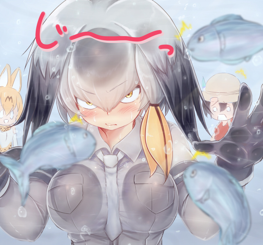 /\/\/\ 0_0 3girls :d against_glass air_bubble animal_ears bangs black_gloves black_hair blurry blurry_foreground blush bow bowtie breast_pocket breast_press breasts breasts_on_glass bubble chibi closed_mouth collared_shirt commentary_request d: depth_of_field eyebrows_visible_through_hair fish fish_tank glass gloves grey_hair grey_shirt hair_between_eyes hair_intakes hand_on_glass hands_up hat_feather helmet kaban_(kemono_friends) kemono_friends large_breasts lips long_hair long_sleeves looking_at_another low_ponytail mogera81 multicolored_hair multiple_girls necktie o_o open_mouth orange_eyes orange_hair pith_helmet pocket print_neckwear red_shirt serval_(kemono_friends) serval_ears serval_print shirt shoebill_(kemono_friends) short_hair short_over_long_sleeves short_sleeves side_ponytail smile solo_focus sound_effects staring submerged surprised sweat upper_body v-shaped_eyebrows water white_neckwear wing_collar