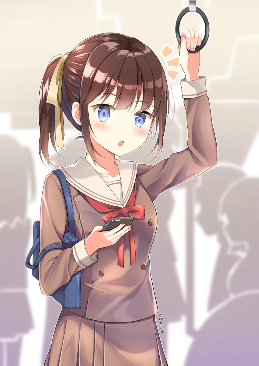 1girl :o bag bangs blue_eyes blurry blurry_background blush breasts brown_hair brown_shirt brown_skirt cellphone collarbone commentary_request crowd double-breasted duffel_bag eyebrows_visible_through_hair hair_ribbon hand_up highres holding holding_phone long_hair long_sleeves looking_at_viewer miniskirt neck_ribbon notice_lines original parted_lips phone ponytail red_neckwear ribbon sailor_collar sasha_chii school_bag school_uniform shiny shiny_hair shirt sidelocks signature skirt small_breasts solo_focus standing star train_interior upper_body white_sailor_collar yellow_ribbon