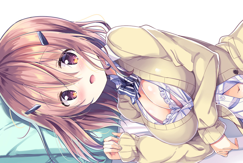 1girl bangs bed_sheet blush bra breasts brown_cardigan brown_hair cardigan cleavage collared_shirt dengeki_moeou dress_shirt eyebrows_visible_through_hair fingernails hair_between_eyes hair_ornament hairclip hand_up kurou_(quadruple_zero) large_breasts long_hair long_sleeves looking_at_viewer lying navel on_side open_cardigan open_clothes open_mouth open_shirt original pillow pink_bra red_eyes shirt sleeves_past_wrists solo underwear upper_body white_background white_shirt