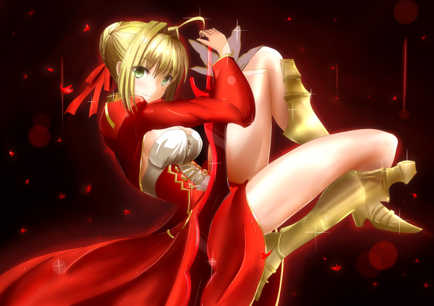 1girl ahoge armored_boots blonde_hair boots breasts corset eyebrows_visible_through_hair fate/extra fate_(series) full_body green_eyes hair_ribbon lens_flare looking_at_viewer medium_breasts nero_claudius_(fate) nero_claudius_(fate)_(all) petals red_ribbon red_skirt red_sleeves ribbon see-through shiny shiny_hair shiny_skin short_hair shrug_(clothing) sideboob skirt smile solo yellow_footwear yuuk33